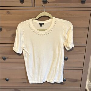 Ann Taylor Factory Cream Short Sleeve Top with Embellished Neckline